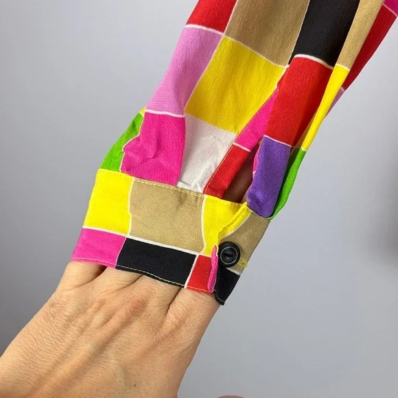 Suitsme Vibrant Retro Style Relaxed Fit Silk Multicolor Checkered Small Blouse - Picture 6 of 11